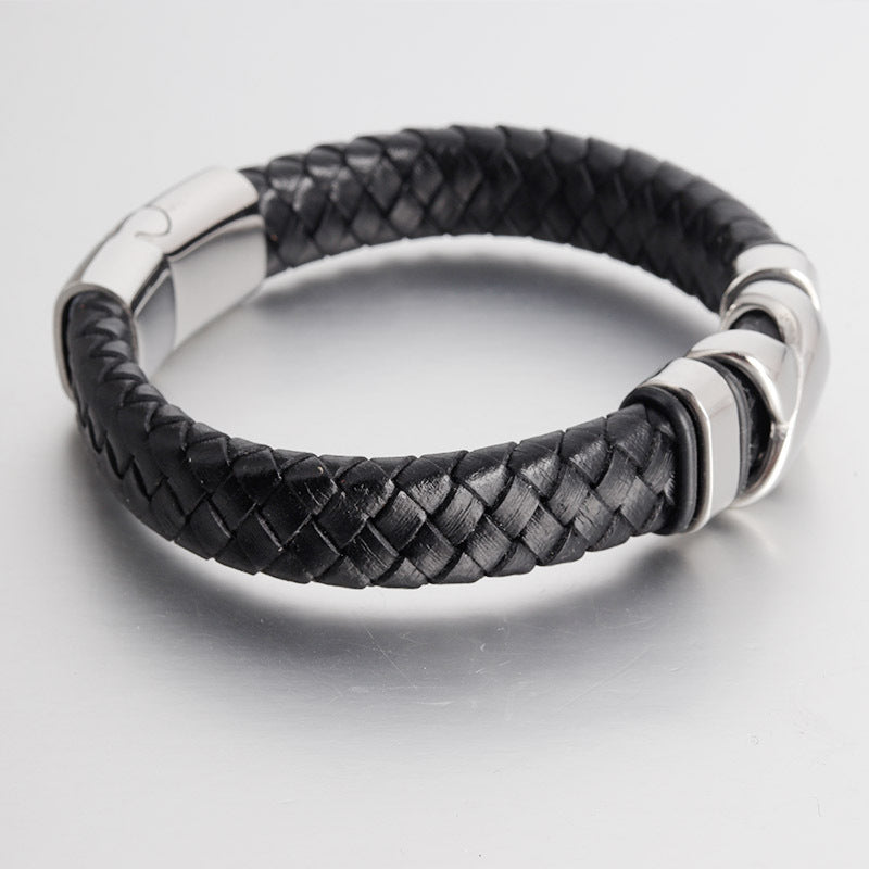 Stainless Steel Men's Leather Braided Bracelet
